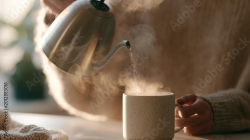 Person's hand holding a white mug with speckles on it. the mug is placed on a wooden table and the person is pouring steam from a silver teapot into it.