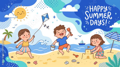 Happy children playing at beach during summer vacation