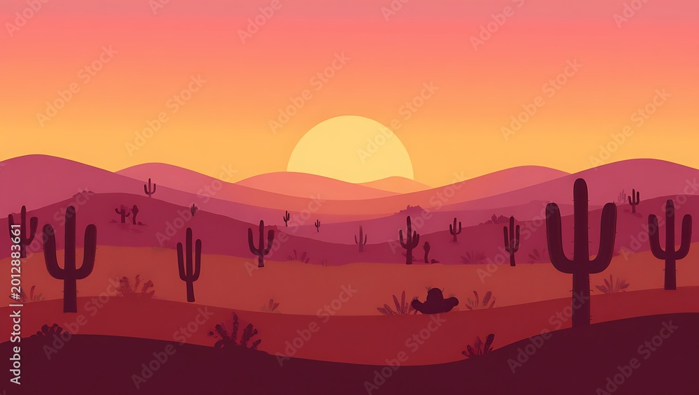 Fototapeta premium Sunset over desert landscape with cacti and mountains creating warm golden light peaceful arid scenery dramatic sky tranquil wilderness environment natural scenic dusk atmosphere view.