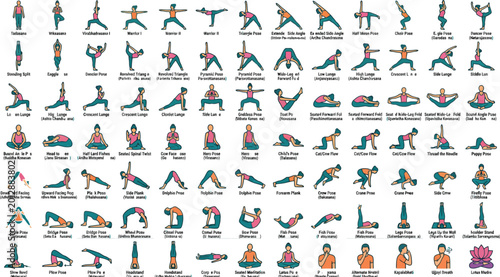 Collection of yoga poses and asanas with exercise meditation flexibility strength wellness mindfulness silhouette healthy lifestyle movement activity stretching