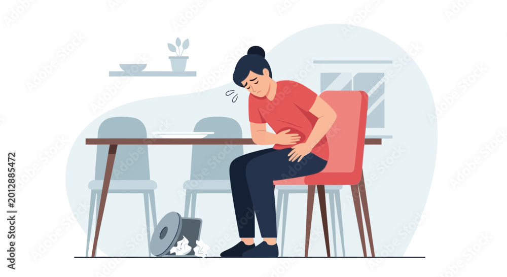 Fototapeta premium Woman Experiencing Stomach Pain While Sitting in The Dining Area, Feeling Unwell Clearly