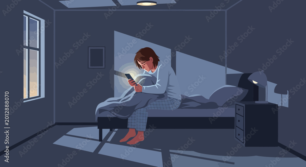 Fototapeta premium Woman In Bed Using Phone At Night, Illuminated By Bright Screen, Waiting For Sleep
