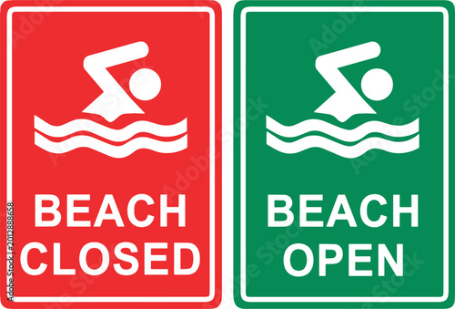 Foto Illustrazione vettoriale di cartelli di segnalazione per spiaggia aperta o chiusa, con indicazioni per bagnanti e barche