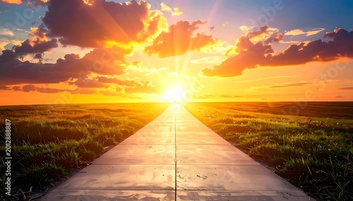 Sunrise over road in green landscape.