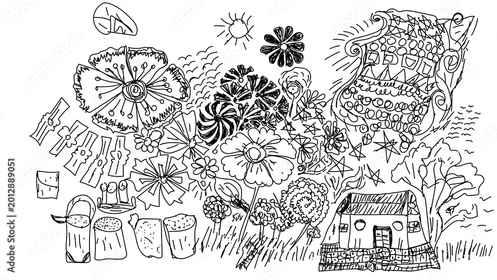 Fototapeta premium Hand Drawn Doodle Art Elements Illustration PNG, Floral Sketch with House and Sun, Creative Black and White Line Art for Adult Coloring Book and Decorative Design. 