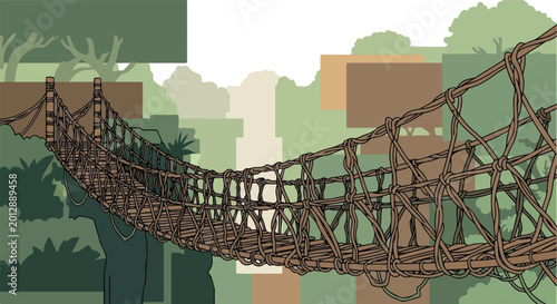 A detailed illustration of a rustic rope bridge spanning a vibrant, lush jungle environment