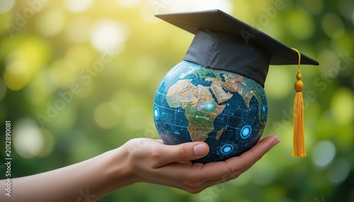 Hand holding glowing world globe with black graduation cap symbolizing global education international scholarship and academic success achievement worldwide
