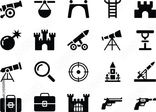 Foto Siege Warfare Black Icons Featuring Cannons, Catapults, Defensive Fortifications