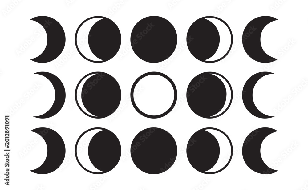 Fototapeta premium Lunar cycle icons series showing different moon phases in black flat vector art silhouette.