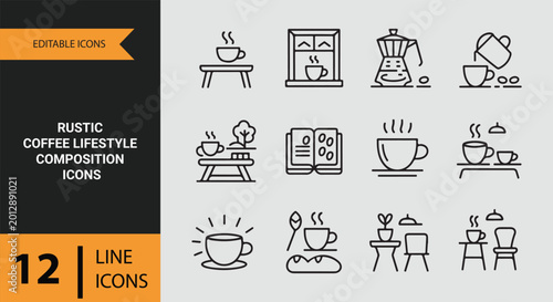 Rustic Coffee Lifestyle Composition Outline Icons Collection Design