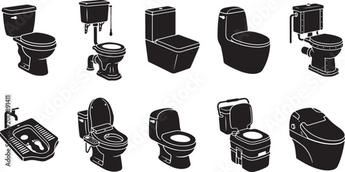 Bild auf Leinwand Diverse Collection of Toilet Silhouette Icons Featuring Modern Water Closet, Tra
