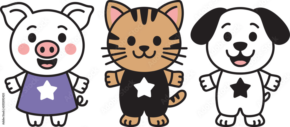 Obraz premium Three, cartoon children wearing star badges in purple brown and gray outfits in playful illustration style ideal for educational materials, group identity themes, and kids’ character design projects.