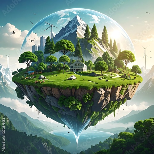 Floating Eco-Friendly Island Paradise Concept.