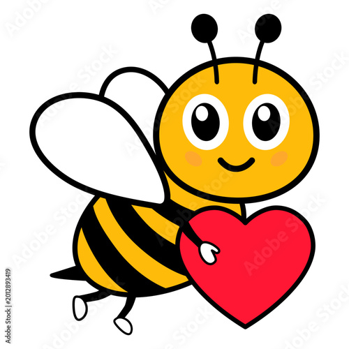 Sweet cartoon bee mascot holding heart. Charming honey lover character. Vector illustration isolated on white.