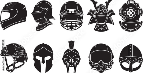 Bild auf Leinwand Set of Protective Helmet Icons Featuring Motorcycle Racing, Medieval Knight, Ame