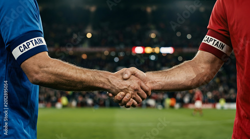 Two football captains shaking hands on a stadium field before a match, showing sportsmanship.