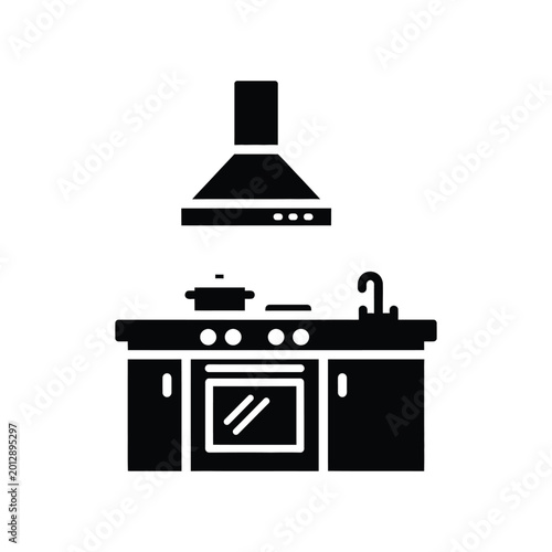 Schilderij op canvas Modern kitchen interior with stove, oven, range hood, and sink, black and white
