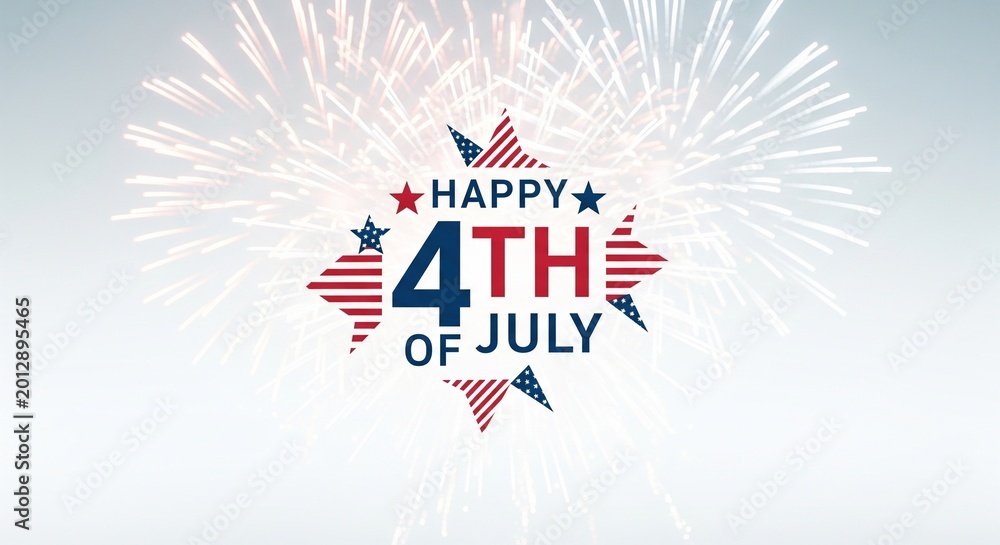 Obraz premium Happy 4th of July graphic with American flag stars and fireworks celebration on a bright sky background, patriotic holiday design element
