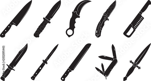 Canvas-taulu Set of Tactical Knife and Blade Silhouettes, Featuring Karambit, Bowie Knife, Po