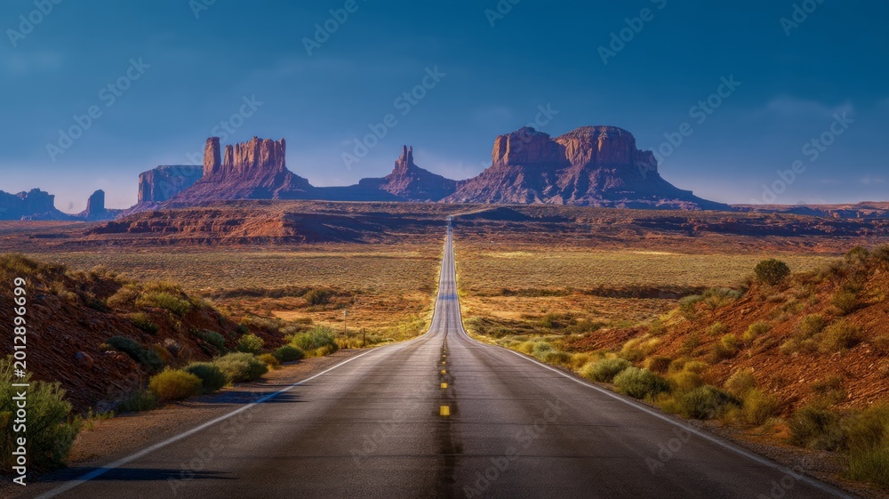 Fototapeta premium Endless road to monument valley at sunset. AI generated