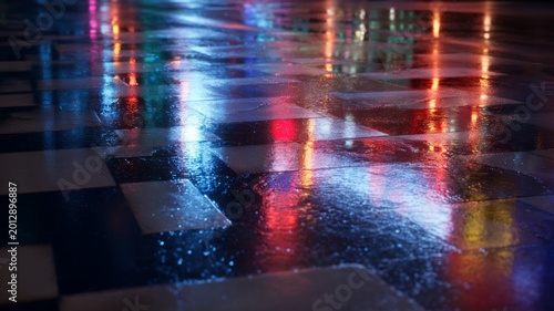 Vibrant city reflections illuminate wet street. AI generated