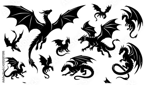 Canvastavla Dynamic black dragon silhouette collection with mythical fantasy creature poses