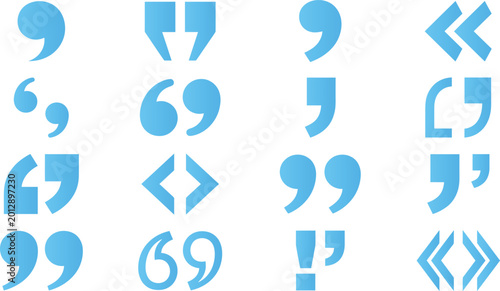Photos Set of blue quotation mark icons, punctuation symbols, vector illustration on white