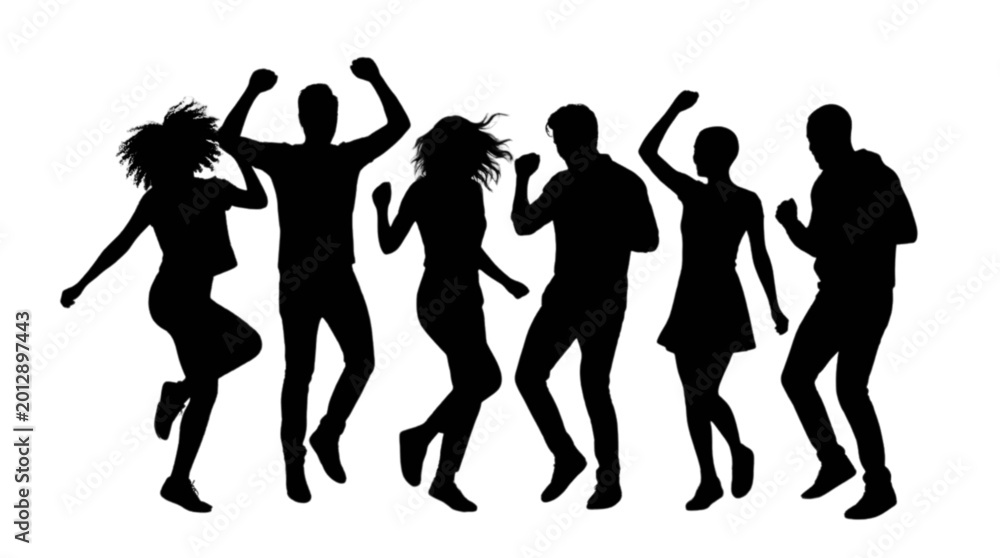 Fototapeta premium Silhouette group of people dancing together joyfully isolated on transparent background, Vector