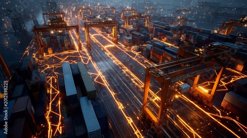 Futuristic port cranes in electric nightscape. Artificial intelligence image