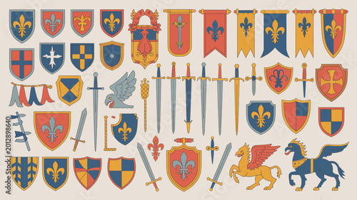 Heraldic collection of medieval shields banners swords and mythical creatures in a flat illustration style