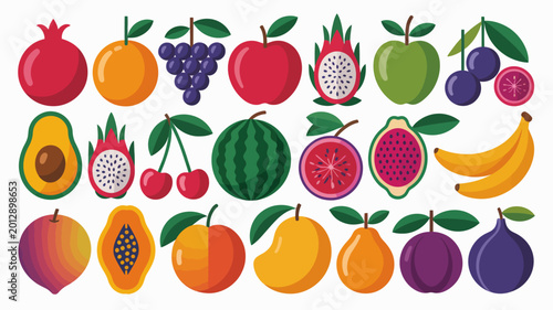 Colorful fruit illustration collection with various tropical and common fruits on a white background high quality