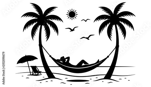 Fotografie Tropical hammock beach silhouette vector isolated on white background, relaxing