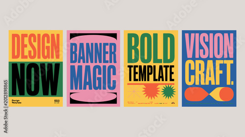 Four colorful poster templates with bold typography and graphic elements on a light gray background