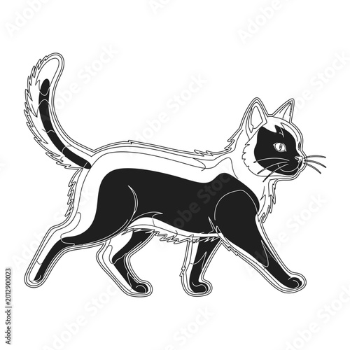 Schilderij op canvas Stylized Black and White Walking Cat Illustration — Modern Line Art Pet Silhouet