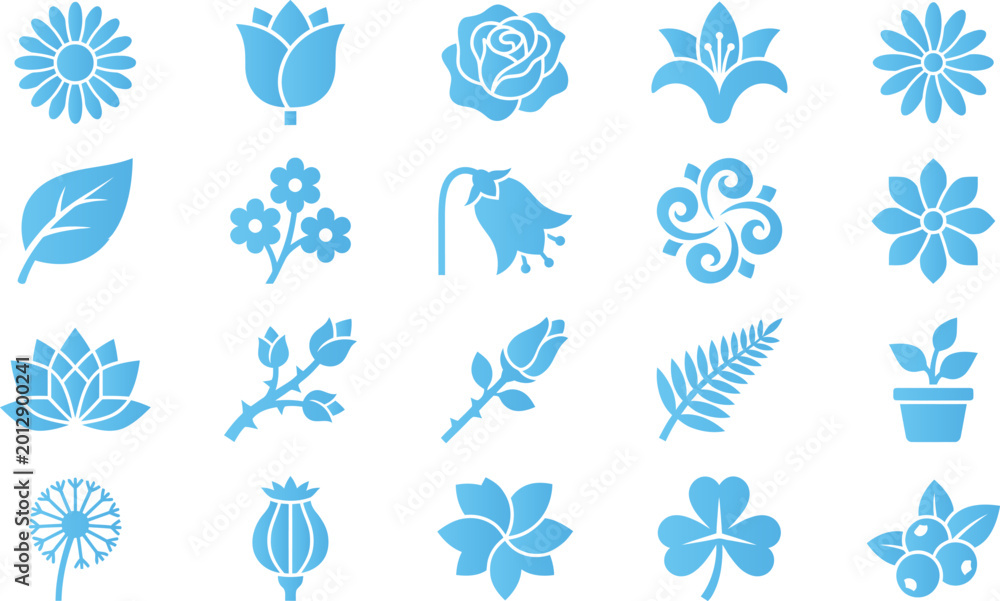 Naklejka premium Various blue flower and leaf icons for nature and garden themes.