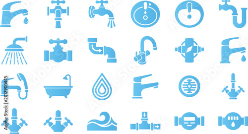 Photos Collection of blue plumbing icons faucets sinks showerheads pipes bathtub and water drop symbols