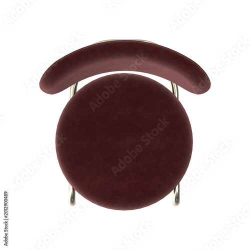 Modern Round Seat Dining Chair with Burgundy Velvet Upholstery and Brushed Metal Legs, Top View on White Background