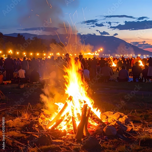 Bonfire Gathering at Dusk with Mountains.
