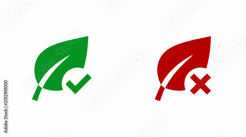 Green leaf with check mark symbol for approved natural product, red leaf with cross mark for rejected organic item.