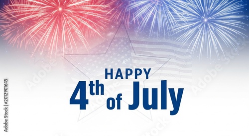 Happy 4th of July text with red and blue fireworks exploding in the sky over a faint American flag and star graphic, celebrating Independence Day with patriotic colors and festive atmosphere.