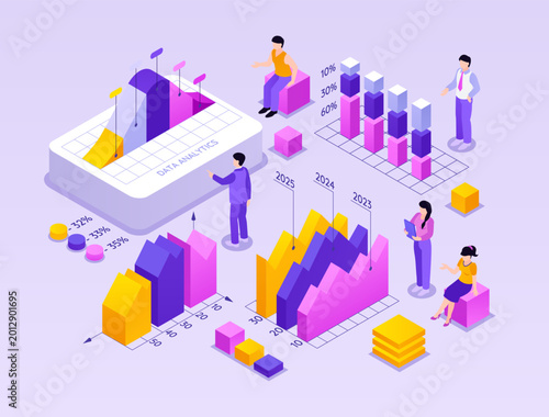 Isometric Data Dashboard with Charts and Analytics Workflow