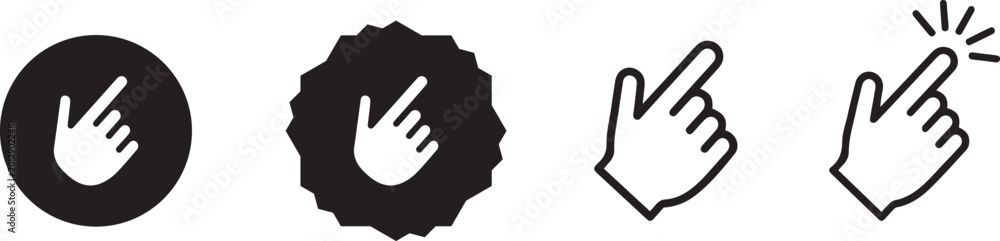 Obraz premium Hand cursor pointing gestures collection with circle and star frames in black and white minimalist style.