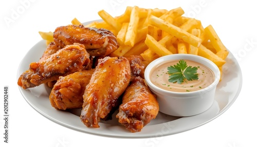 Glazed chicken wings with French fries dipping sauce parsley garnish comfort food lifestyle concept white plate photo