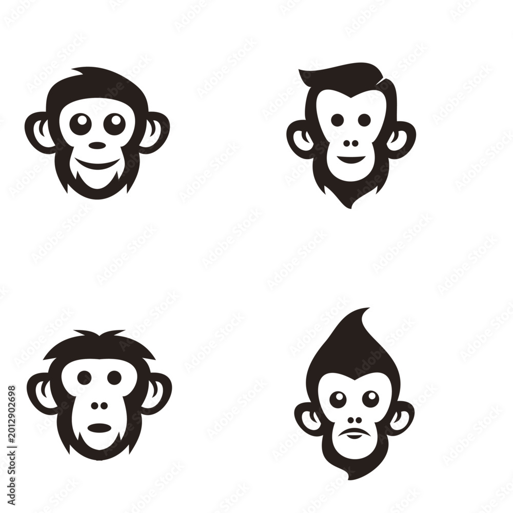 Fototapeta premium Set of Monkey Head Logos. Vector Illustration of Stylized Black and White Monkey Faces with Different Expressions for Branding and Design.