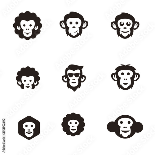Photography Collection of nine diverse black and white monkey and chimpanzee head logos for branding, mascot designs, and animal-themed projects