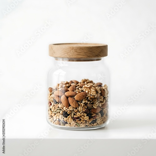 Glass jar with wooden lid filled with granola and nuts on white