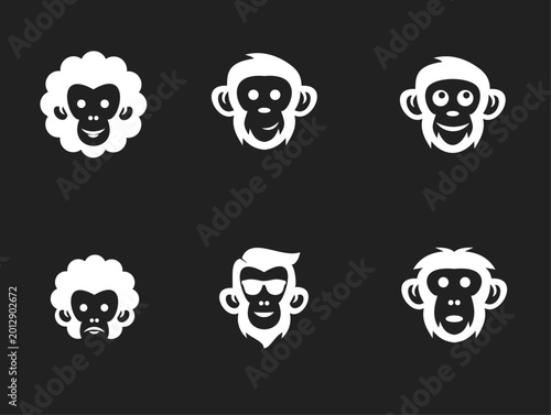Photography Collection of diverse monkey head logos and icons, featuring various expressions and styles in white on a dark background