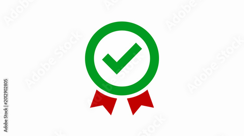Green ribbon with check mark inside circle, award of achievement, best quality, success, isolated on white. Free Download Green ribbon with check mark inside circle, award of achievement, best quality, success, isolated on white. - GFXLoad