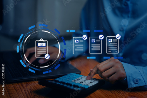 Business Tax. Digital compliance management, business professional reviewing verified online documents and approval workflow, automation security and audit process