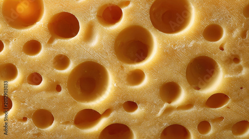 Macro Texture of Yellow Swiss Cheese with Large Holes and Pitted Surface for Food Background Design Showing Organic Details and Creamy Dairy Product Characteristics